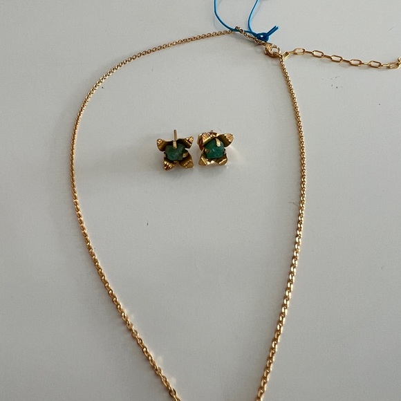 Earrings + Necklace Gold Plated Green Stone - Picture 3 of 5